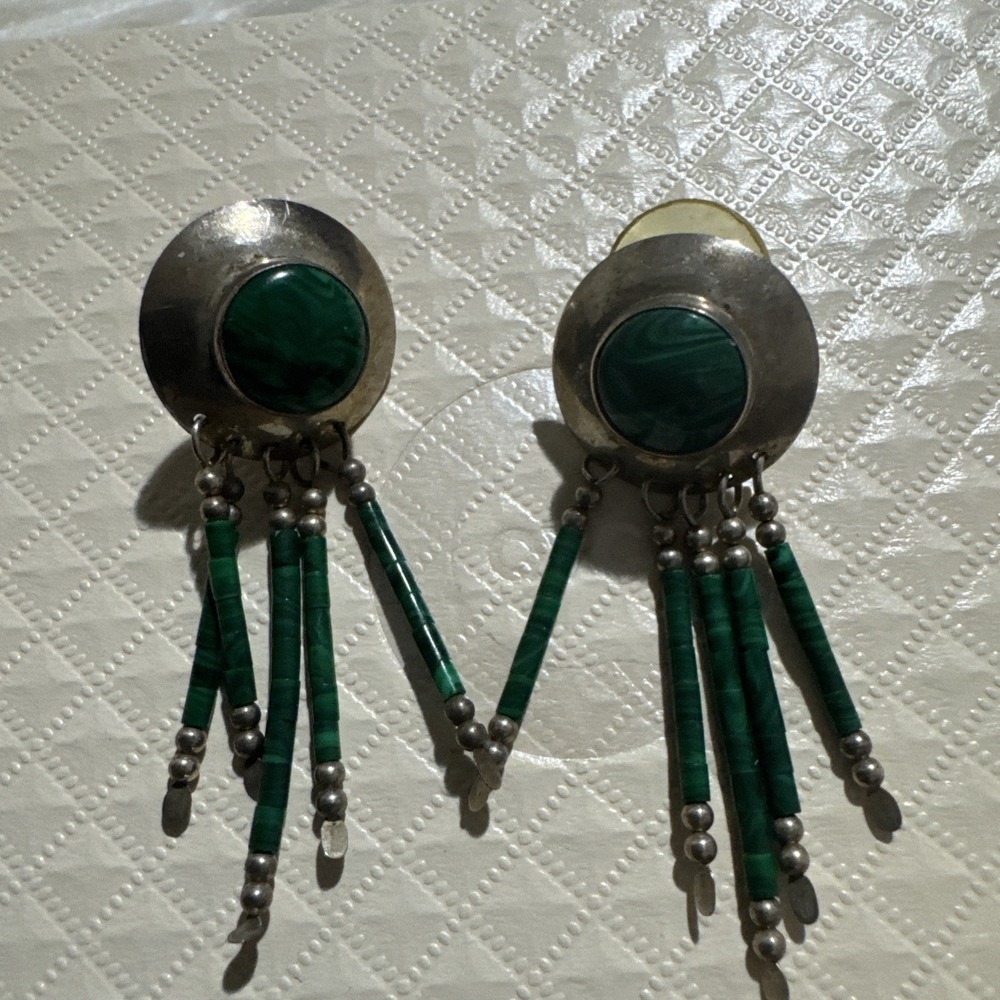 Native American Vintage Navajo Signed TK Sterling Silver Dangle Earrings Malachi